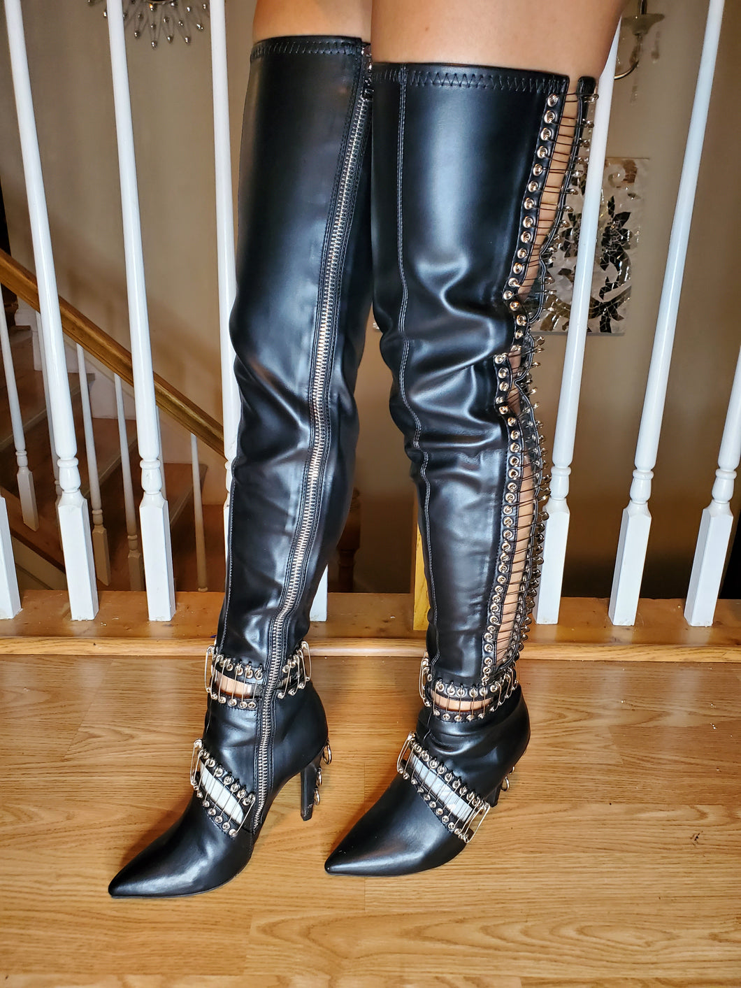 Safty pin thigh high boots